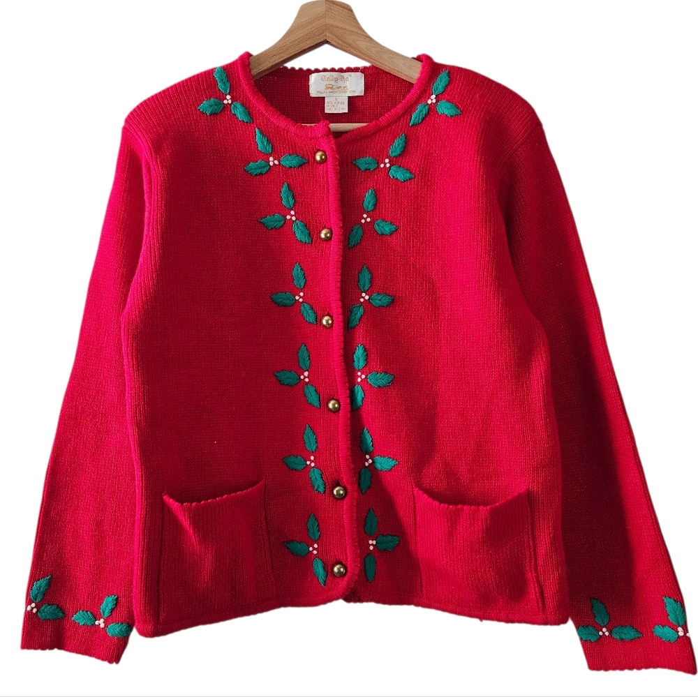 Tally-Ho Vintage Red Embroidered Holly Cardigan Christmas Holiday Size Small